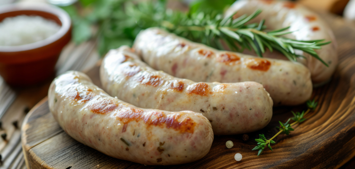 Biała kiełbasa na drewnianej desce