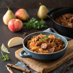 Bigos staropolski z wędzoną gruszką i czerwonym winem