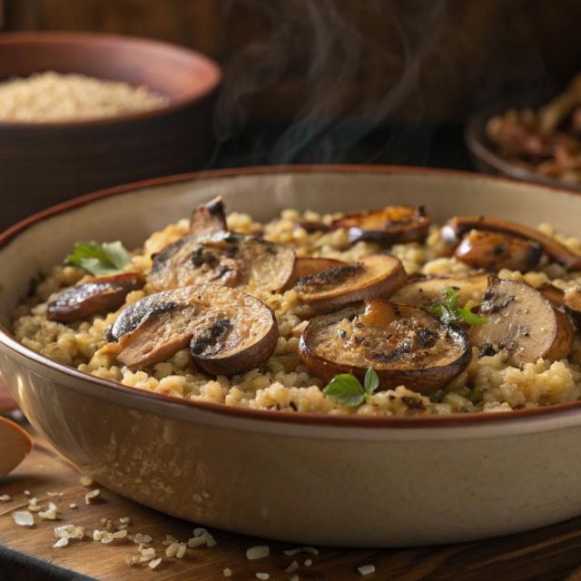 Pęczotto z kaszy pęczak, grzybów i pieczonego czosnku